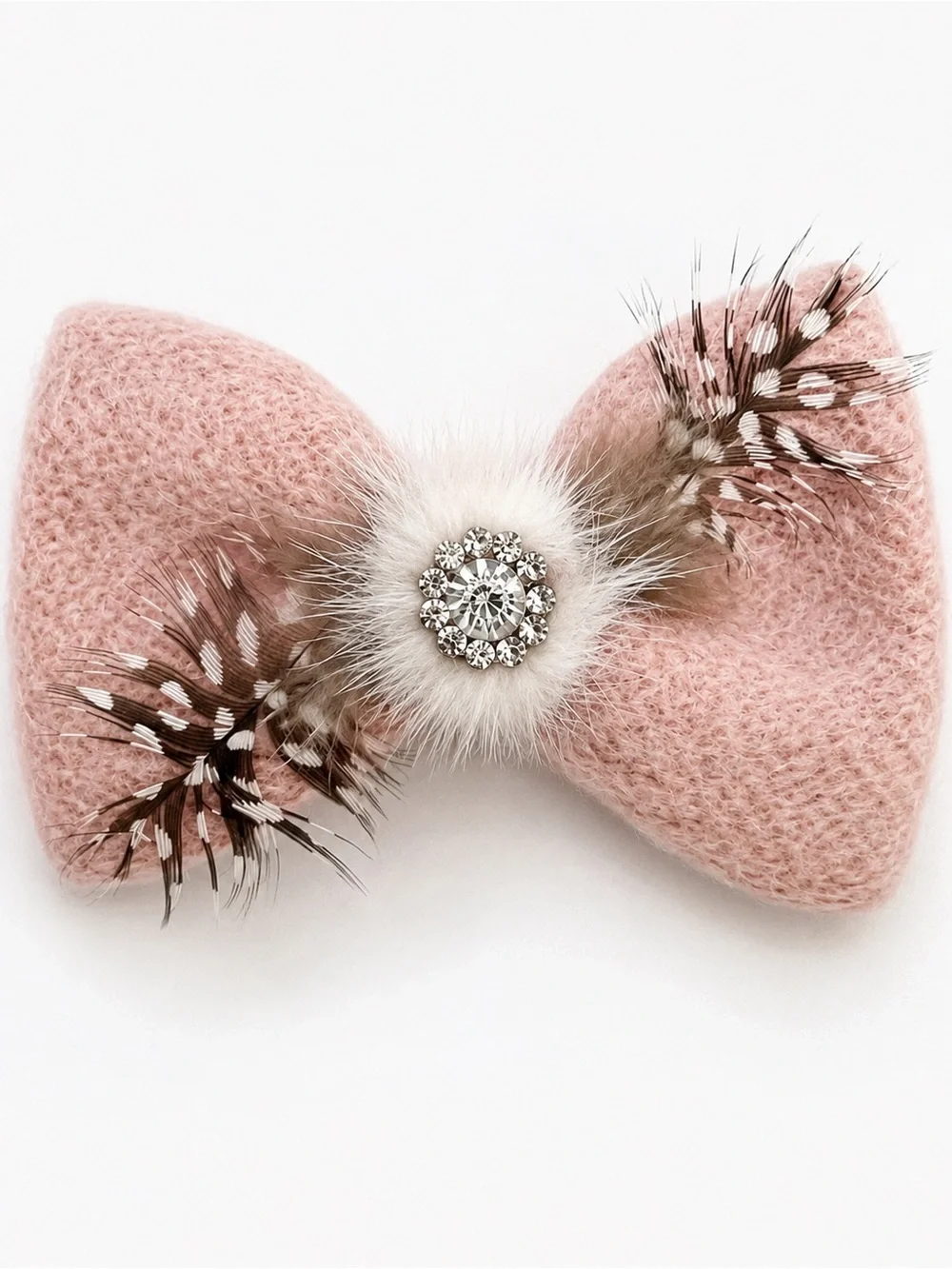 Blush Pink Felt Hair Bow Barrette • Feather & Rhinestone Boutique Clip